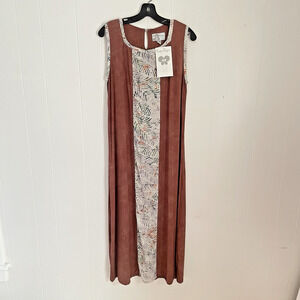 Rust Sleeveless Midi Dress Tropical Art to Wear Tie Back Boho Resort Rayon S NWT